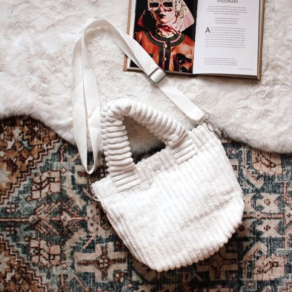 Hand Crafted Handbags - White Mini Corduroy Handbag, All-Match Winter Top Handle Bag